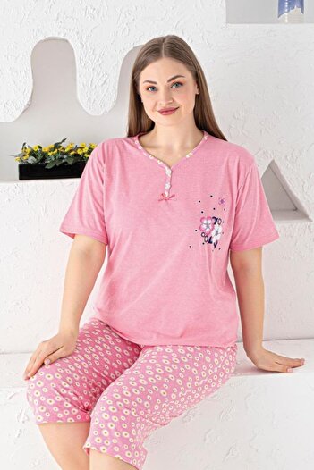 Farya Home X-Dreamy Large Size Cotton Patterned Buttoned Collar Capri Pajamas Set