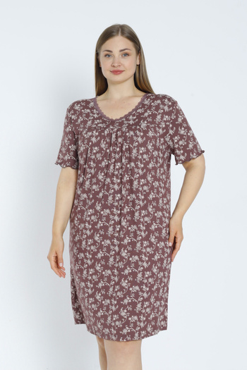 Lagertha by İntensive Plus Size Patterned Lace Stretchy Viscose Short Sleeve Nightgown