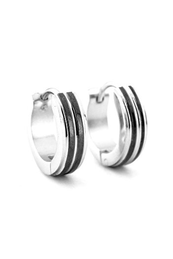 Solfera Men's Earrings - Pair Black Stripes, 13mm Stainless Steel Hoop, ER104