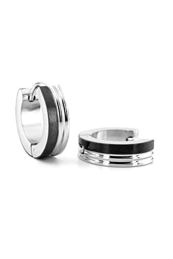 Solfera Men's Earrings - Black Stripe, Silver Color, 13mm Diameter, Stainless Steel Hoop ER105