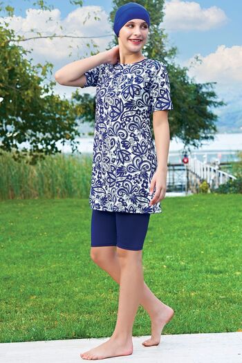 Ruko Maio MIRATES NAVY BLUE PATTERNED HALF SLEEVE MICRO (DRAIN DRYING) FABRIC SEMI TESETURY SWIMSUIT
