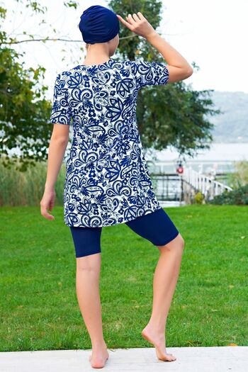 Ruko Maio MIRATES NAVY BLUE PATTERNED HALF SLEEVE MICRO (DRAIN DRYING) FABRIC SEMI TESETURY SWIMSUIT