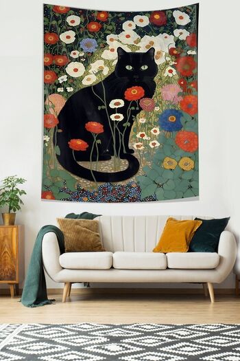 on the clouds Black Cat Inside Flowers Stain Resistant Fabric Wall Cover Wall Carpet Tapestry