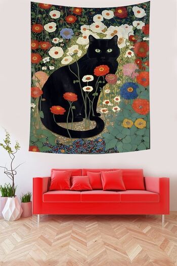 on the clouds Black Cat Inside Flowers Stain Resistant Fabric Wall Cover Wall Carpet Tapestry