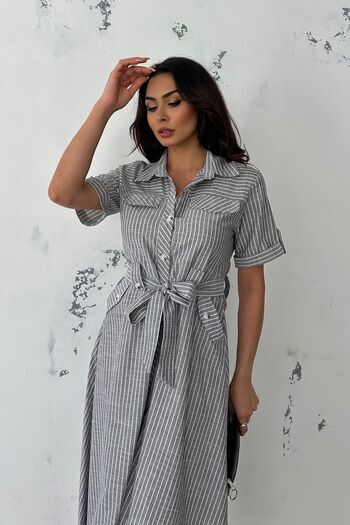 Ortaya Çık Gray Pinstripe Shirt Dress - Pocket Detail