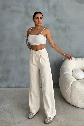 Ortaya Çık Beige Linen Palazzo Trousers - Relaxed Fit