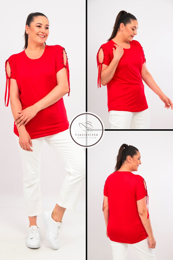 tarzımsüper New Season Plus Size - Comfort Model Short Sleeve Combed Cotton Tunic T-shirt with Sleeve Laces and Pearl Detail