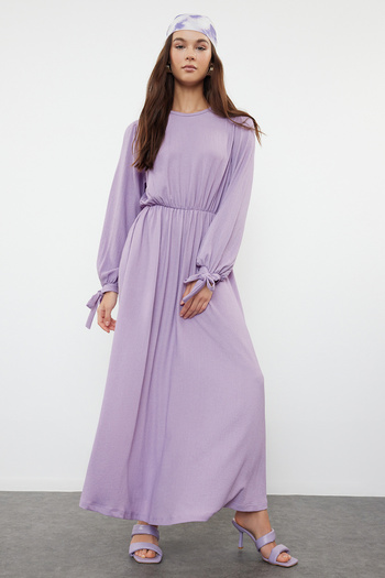 Trendyol Modest Πλεκτό φόρεμα με υφή και τυλιγμένο λιλά - με λεπτομέρεια γραβάτας, TCTSS24EB00269