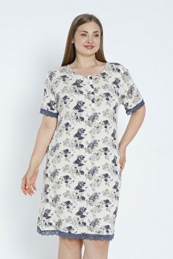 İntensive Plus Size Lace Viscose Nightgown - Short Sleeve and Stretchy