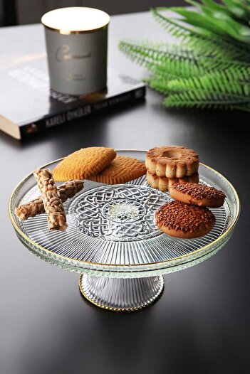 WuuQ 21 cm Cake Presentation Stand Plate - Gold Gilded and Glass Leg Cake