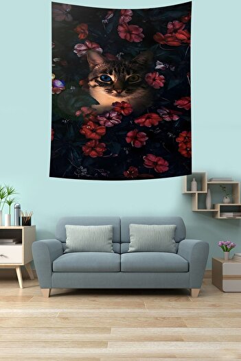 on the clouds Heterochrome Eye Cat in Flowers Stain Resistant Fabric Wall Cloth Wall Carpet Tapestry