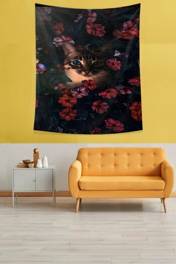 on the clouds Heterochrome Eye Cat in Flowers Stain Resistant Fabric Wall Cloth Wall Carpet Tapestry
