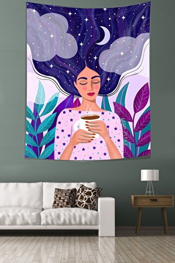 on the clouds Saçlarındaki Ay Kahve İçen Kız Leke Tutmaz Kumaş Duvar Örtüsü Duvar Halısı Tapestry