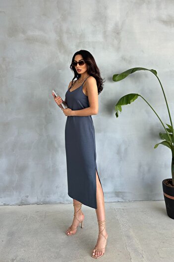Ortaya Çık Anthracite String Strap Dress - Basic Model