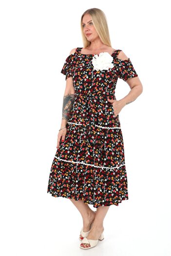 etselements X MODAPO Rose Brooch Floral Print Viscose Women's Dress - Off-the-Shoulder Belted