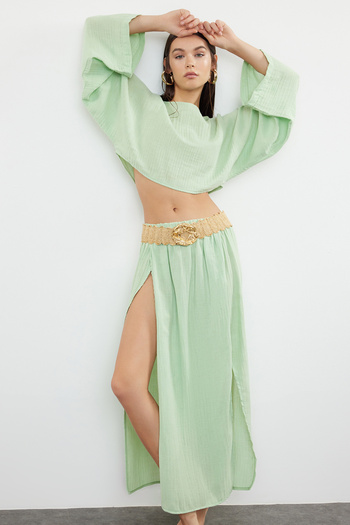 Trendyol Collection Menta muszlin blúz és szoknya szett - Hasított részletek szőtt TBESS24AU00053