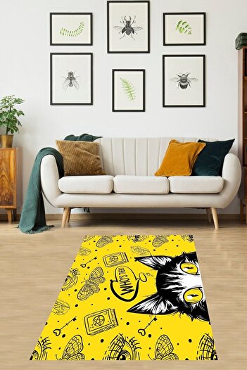on the clouds Kedi Desenli Dijital Baskı Yıkanabilir Kaymaz Taban Modern Salon Halısı Yolluk Sarı