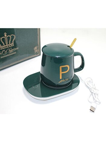 Paras Ticaret Electric Heater Green Porcelain Mug Cup with Lid and Spoon See Description