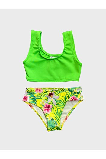 ALİŞ KİDS Green Floral Patterned Girl's Bikini Set - 3 Pieces with Pareo