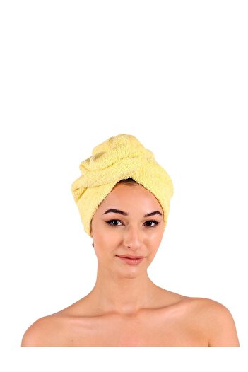 DensHaus 100% Cotton Yellow Plain Eponj Buttoned Towel Hair Drying Cap