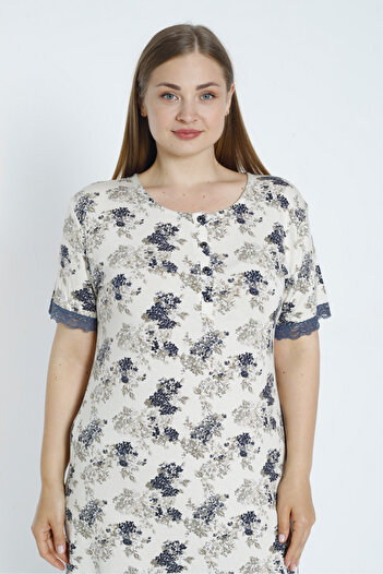İntensive Plus Size Lace Viscose Nightgown - Short Sleeve and Stretchy