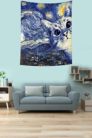 on the clouds Van Gogh Yıldızlı Gökyüzü ve Şirin Kedi Leke Tutmaz Kumaş Duvar Örtüsü Duvar Halısı Tapestry