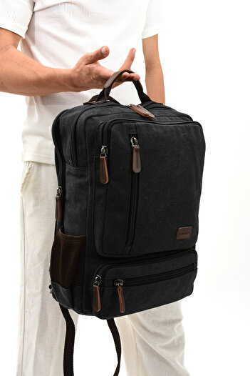 By Hakan Eba-8814 Black Canvas Backpack - Camping and Travel School Bag with Laptop Bag