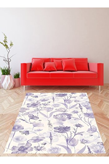 on the clouds Beyaz Zemin Floral Desen Minimal Yıkanabilir Kaymaz Taban Leke Tutmaz Salon Halısı