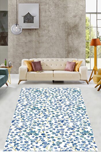 on the clouds Minimal Mavi Çiçekler Floral Desen Yıkanabilir Kaymaz Taban Leke Tutmaz Çocuk Odası Halısı