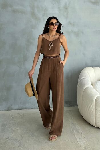 Ortaya Çık Linen Set - Coffee Bead Detailed, Top and Bottom Set