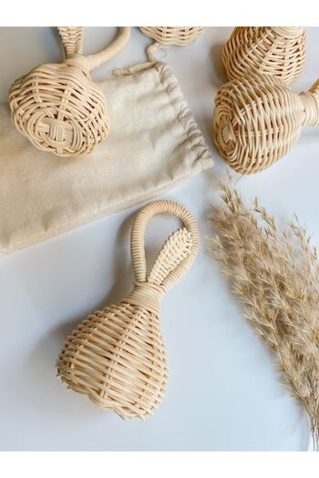 Lunar Stars Beige Wooden Rattan Pure Bamboo Spool Rattle