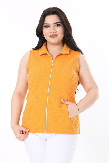 Şans Orange Embossed Pattern Large Size Vest - Front Zip 65N38051