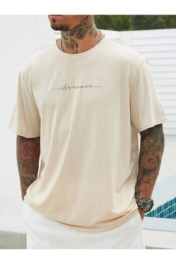 Black Sokak Ανδρικό μπλουζάκι Blacksokak Beige Dreamer με στάμπα Oversize Crew Neck