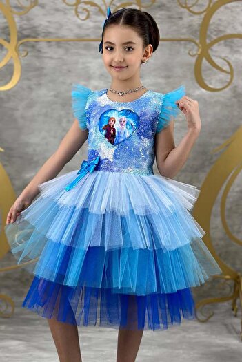 Riccotarz Fata - Rochie Albastru din Tulle cu Paiete Imprimata Snow Queen