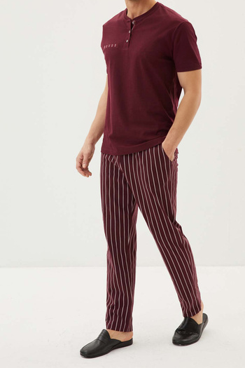 BSM High Quality Claret Red Striped Men's Pajama Set - Short Sleeve