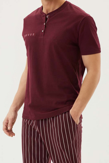 BSM High Quality Claret Red Striped Men's Pajama Set - Short Sleeve