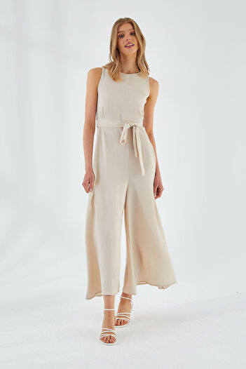 Mixray 4530 Women's Beige Loose Wide Leg Linen Jumpsuit