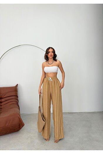 Know Mink Striped Wide Leg Elastic Waist Denim Look Trousers