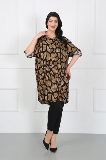 By Alba Collection Plus Size Women's Tunic - Tan Patterned, Cotton Viscose