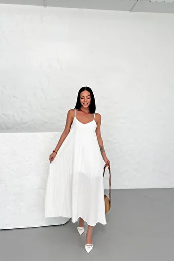 Neşeli Butik Λευκό λινό φόρεμα - Με λουράκι και φόδρα, NBG017