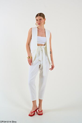 Liora Ecru Women's Trousers - High Waist and Belted