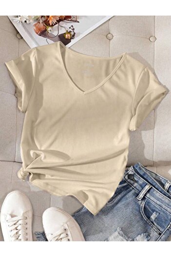FAVORİST T-shirt V-Neck Basic Cotton Wear Out - Απλό σχέδιο