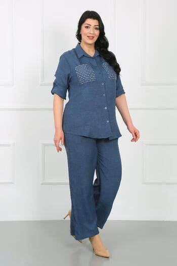 By Alba Collection Navy Blue Stone Detailed Soft Linen Large Size Women's Shirt
