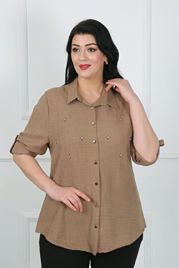 By Alba Collection Women's Light Brown Jewelled Soft Linen Large Size Shirt