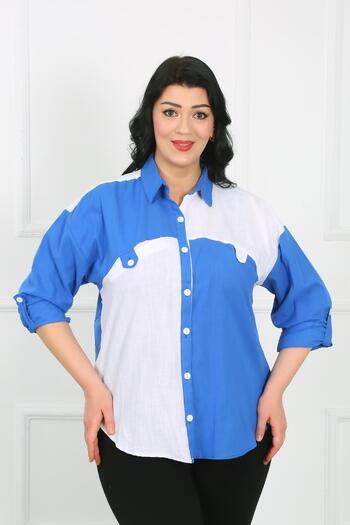 By Alba Collection Large Size Indigo White Linen Women's Shirt