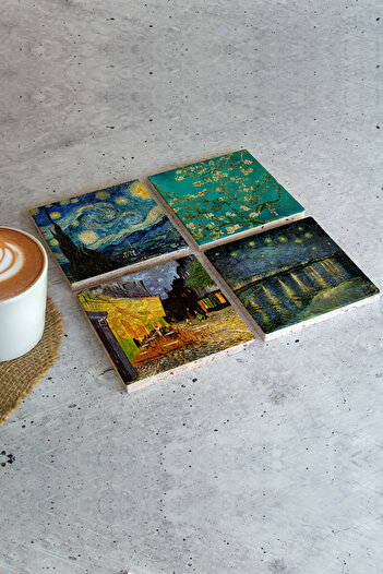 HEDİYEDİYE Vincent Van Gogh Set of 4 - Stone Colored Cup and Coaster, VanGogh01