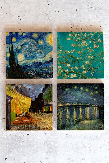 HEDİYEDİYE Vincent Van Gogh Set of 4 - Stone Colored Cup and Coaster, VanGogh01