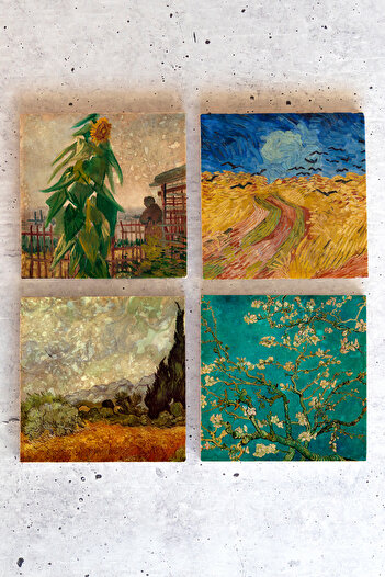 HEDİYEDİYE Vincent Van Gogh Set of 4 - Stone Colored Cup and Coaster, VanGogh01