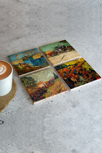 HEDİYEDİYE Vincent Van Gogh Set of 4 - Stone Colored Cup and Coaster, VanGogh01