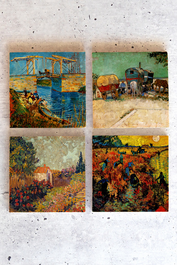 HEDİYEDİYE Vincent Van Gogh Set of 4 - Stone Colored Cup and Coaster, VanGogh01